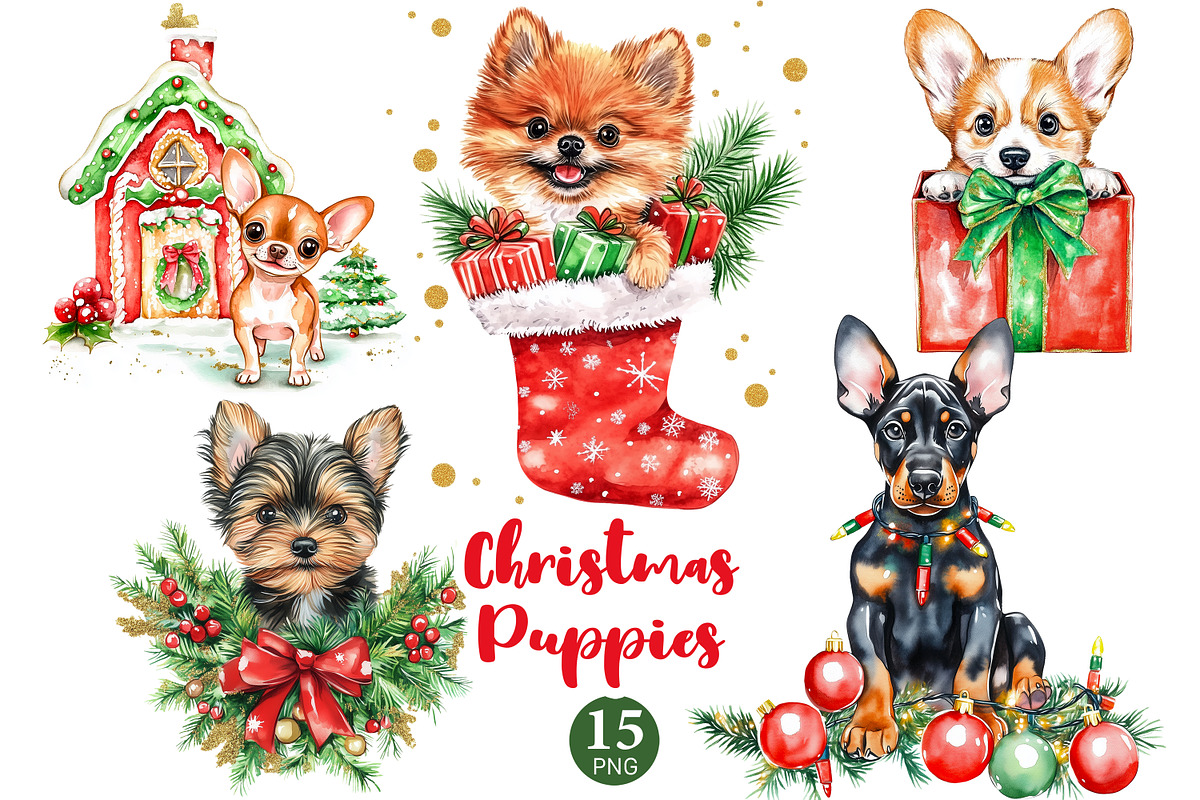 Christmas Puppies Clipart, a Seasonal Illustration by GlamArtZhanna (Photo 1 of 6)