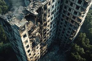 Destroyed apartment building after drone attack, military missile strike, an Architecture Photo by AlyaAnd