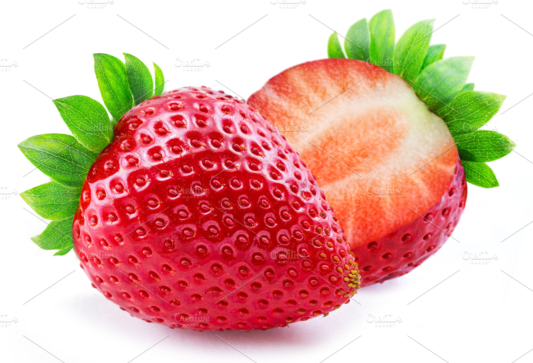 Ripe perfect strawberry and cross cut of strawberry isolated on, a Food & Drink Photo by Volff