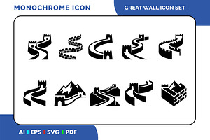 Great Wall of China Icons Set Black, a Solid Icon by Fontmine Studio