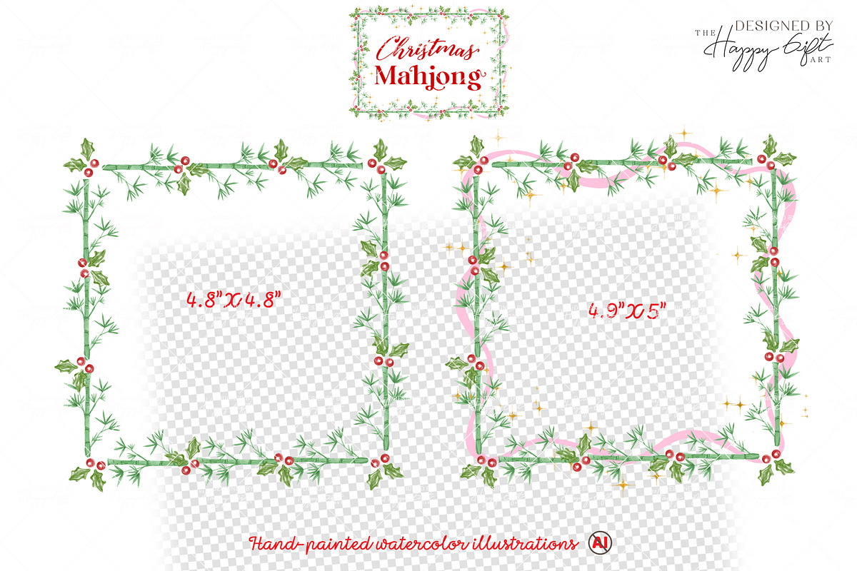 Christmas Mahjong watercolor clipart, a Seasonal Illustration by TheHappyGiftArt (Photo 4 of 8)