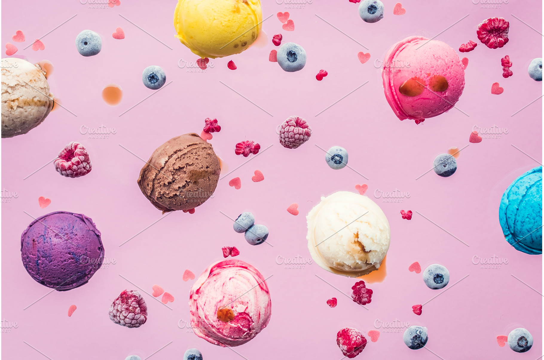Falling ice cream scoops on pink, a Food & Drink Photo by NelliKovalchuk
