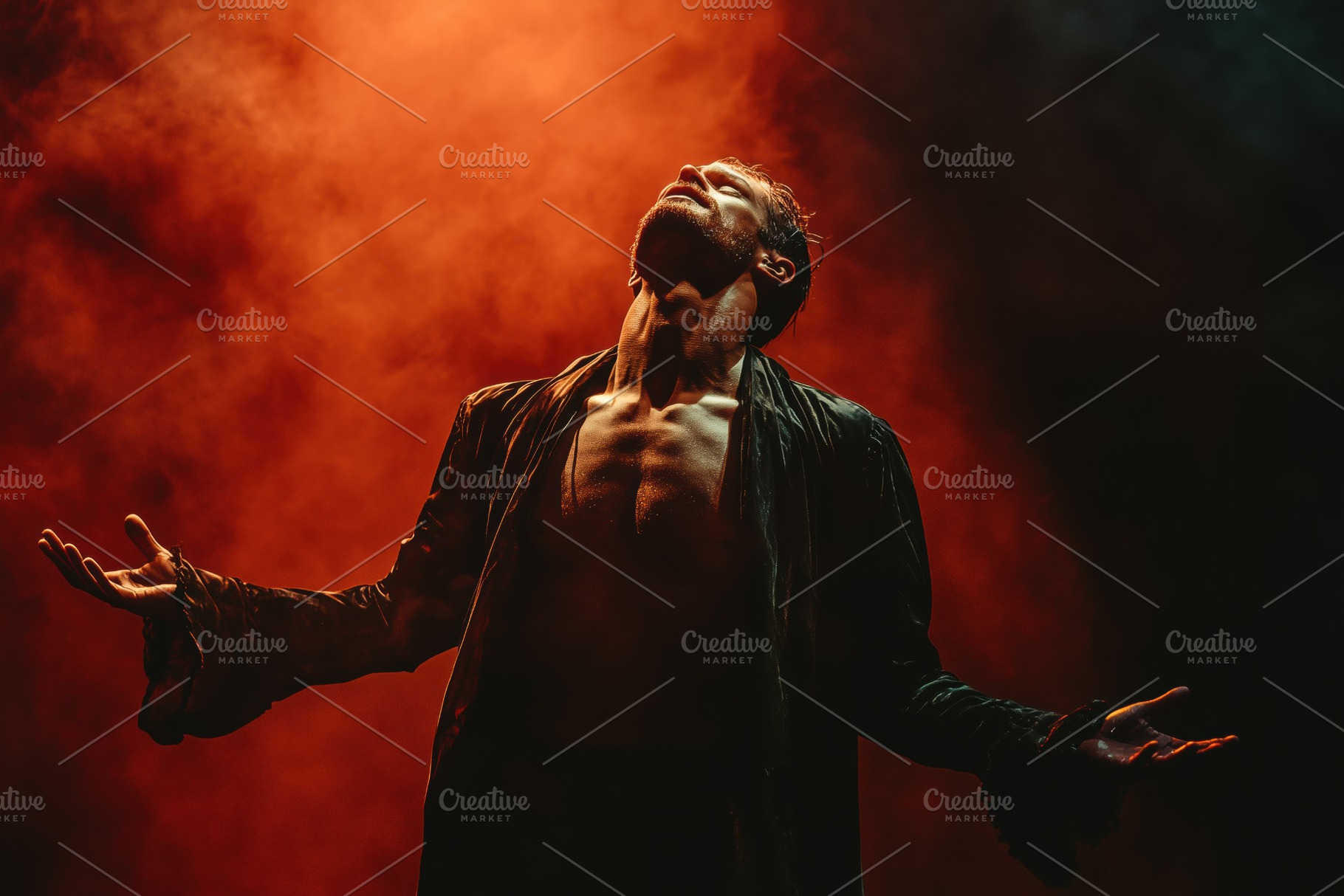 A dramatic opera singer figure with an exposed torso stands in a ...