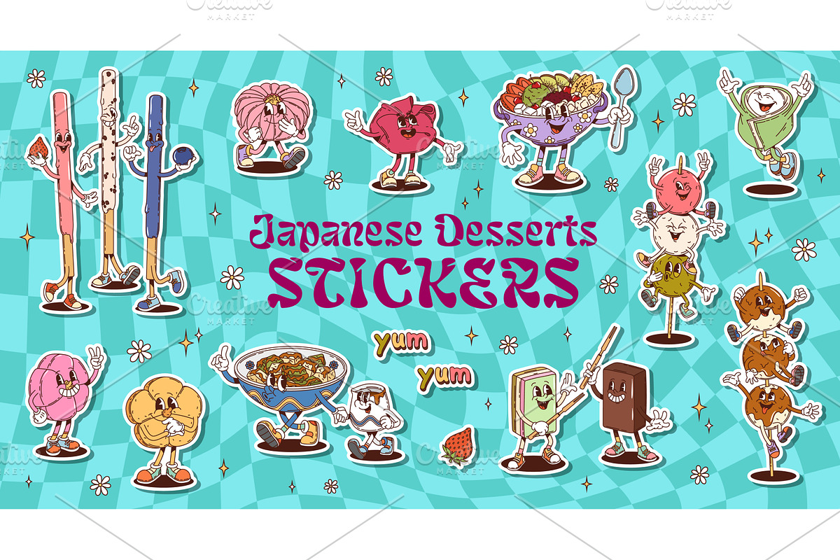 Cartoon groovy japanese desserts, a Food Illustration by Buch&Bee