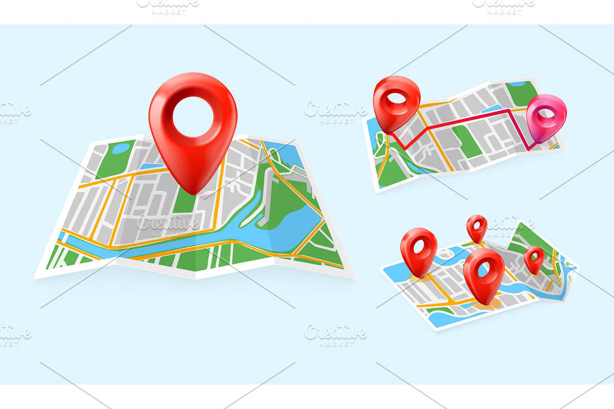 Realistic map pin. Paper maps with, a Transportation Illustration by Stock-Smart-Start