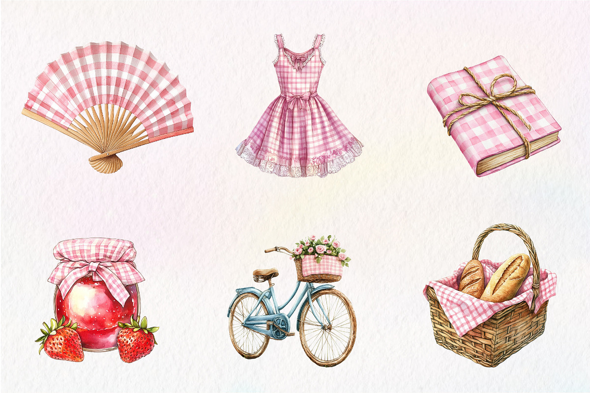 Bohemian Pink Gingham Summer Clipart, an Illustration by CreationArt (Photo 3 of 5)