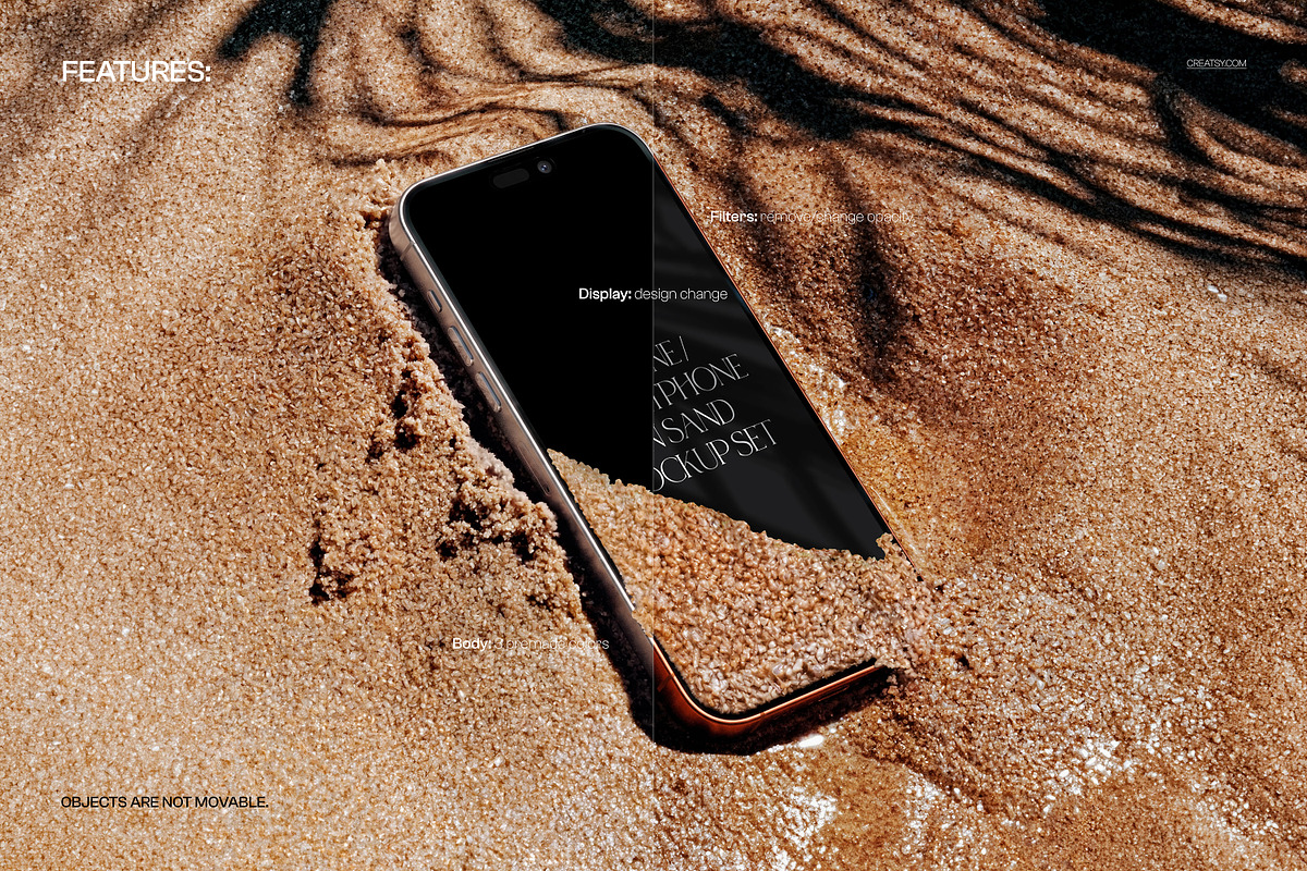 iPhone Smartphone on Sand Mockup Set, an iPhone Mockup by creatsy5 (Photo 3 of 8)