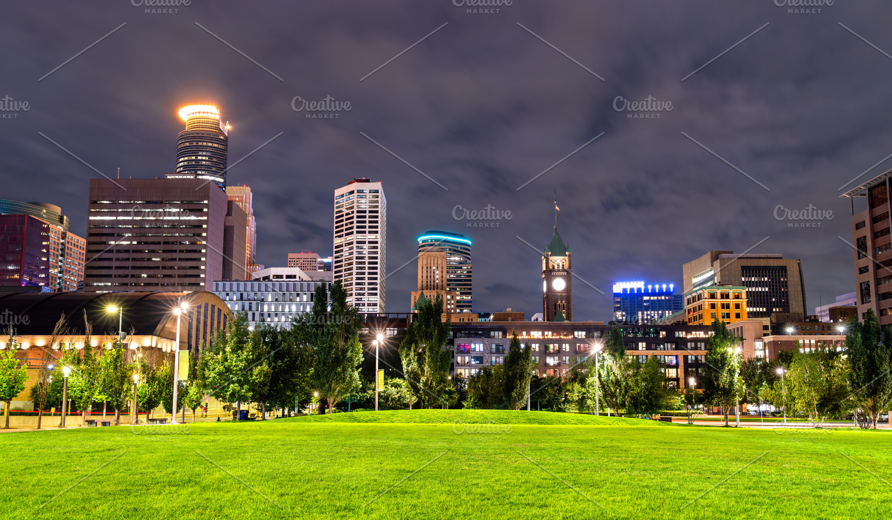 Minneapolis skyline view from The Commons park at night, an Architecture Photo by Leonid Andronov