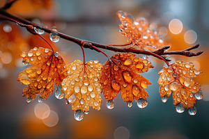 Autumn leaves glistening with raindr, a Photo by Pixeness Studio