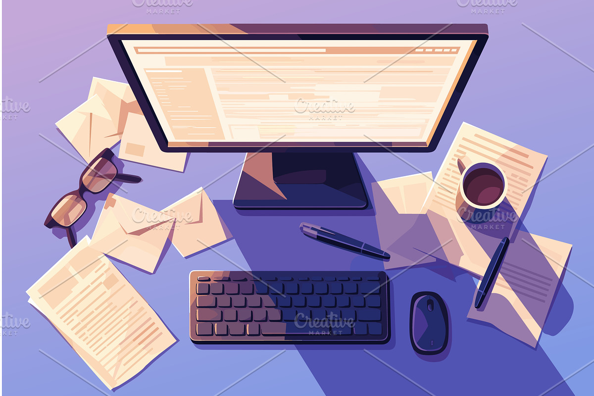 Cartoon computer desk littered with, a Technology Illustration by LadadikArt