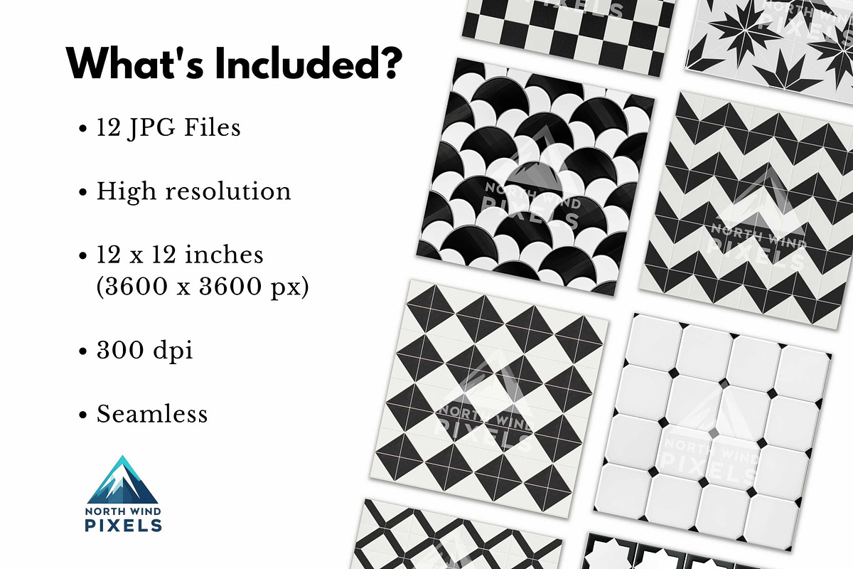 12 Black and White Tile Patterns, a Pattern Graphic by NorthWindPixels (Photo 2 of 4)