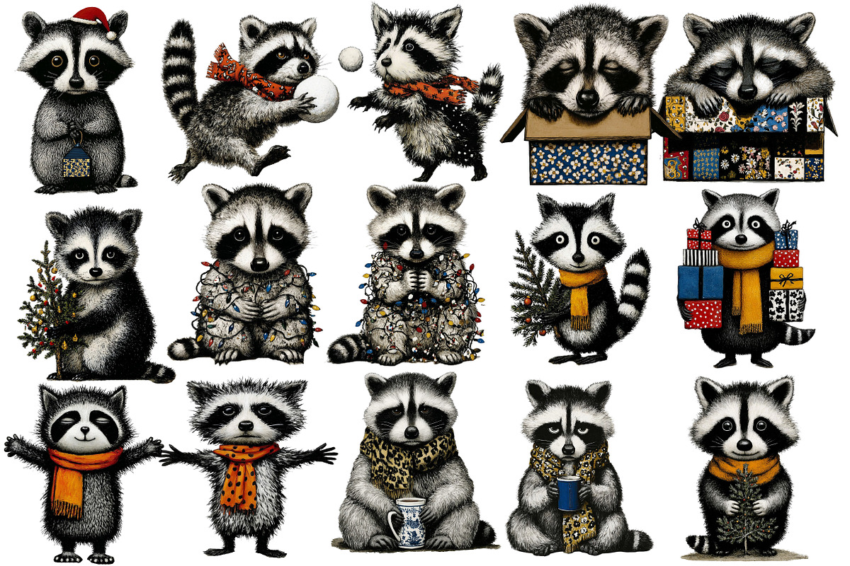 Christmas Cute Raccoon Clipart, an Illustration by Designworld (Photo 2 of 5)