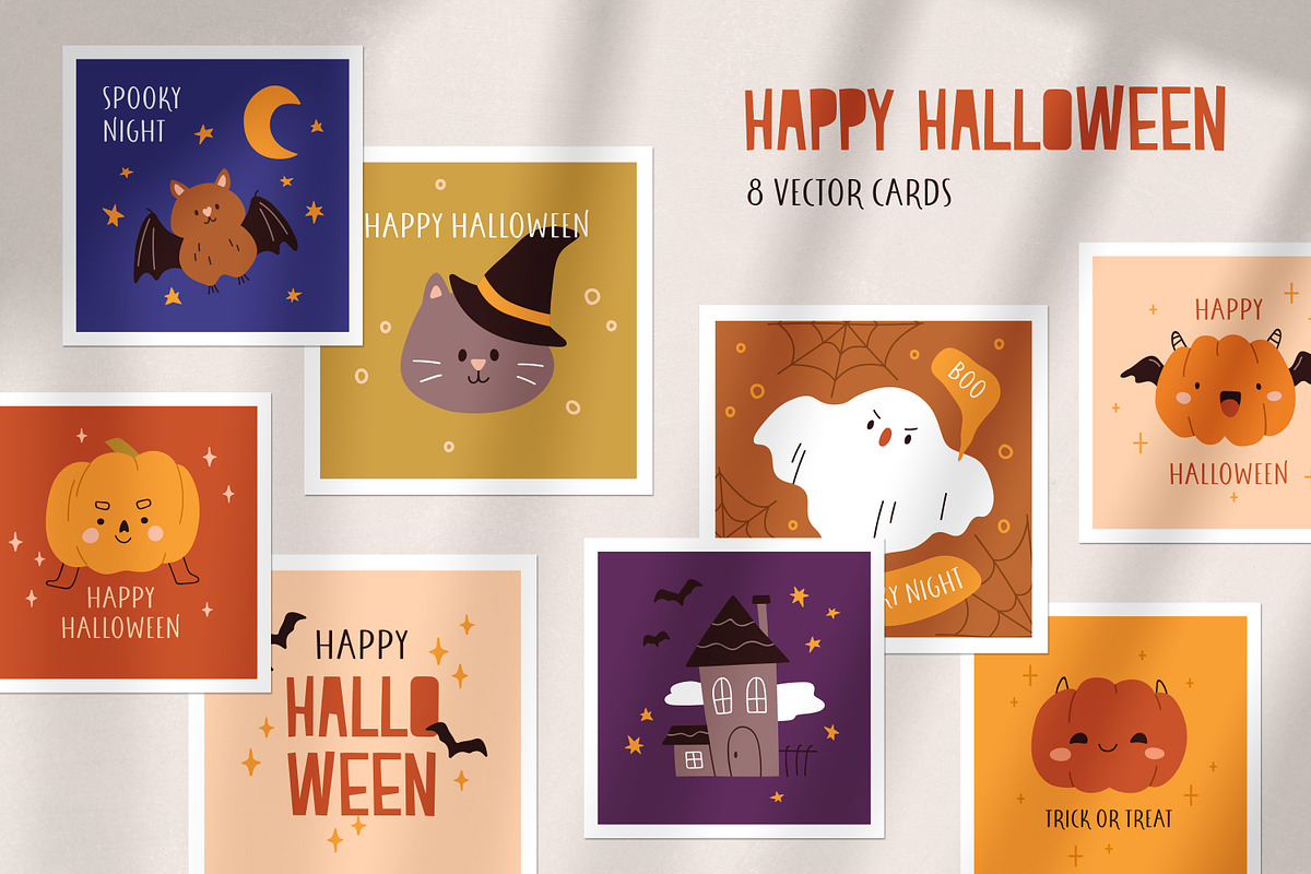 Cute Happy Halloween cards, kids set, a Seasonal Illustration by Good Studio (Photo 1 of 9)