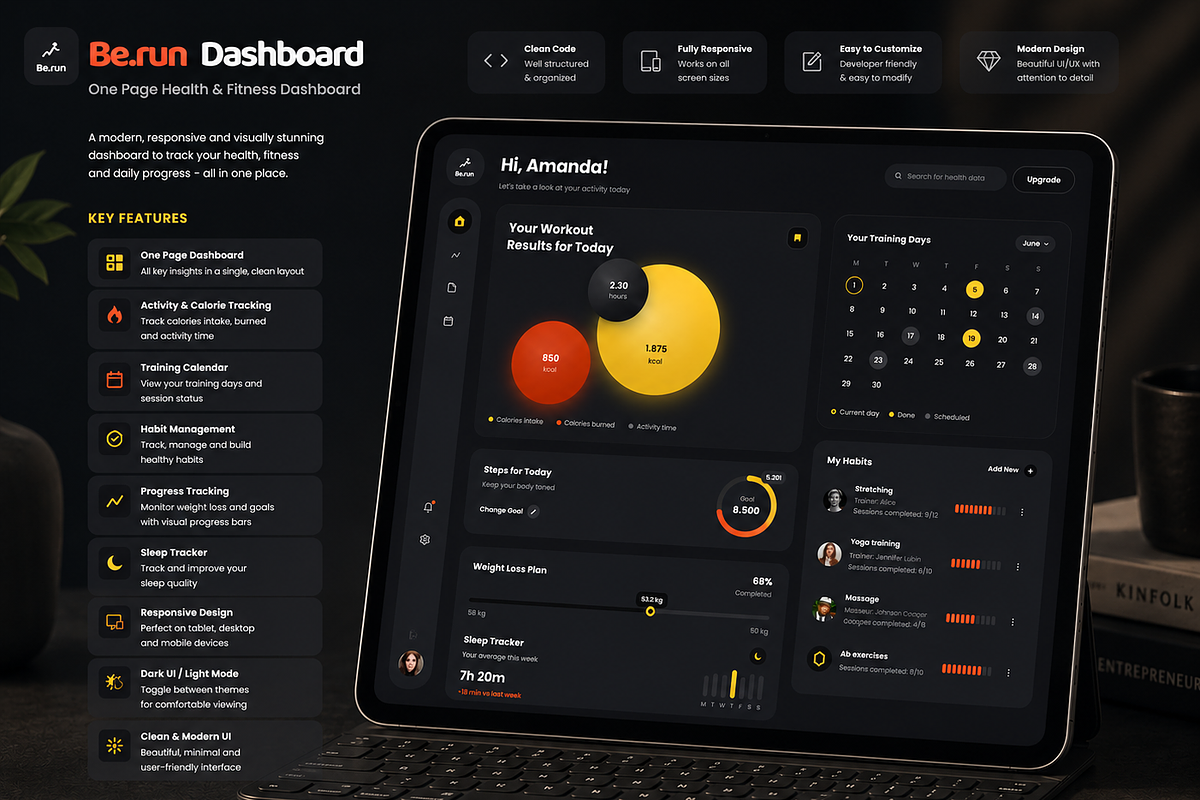 Be.Run - One Page Dashboard Dark, an UI Kit Template by CodeTurtle (Photo 1 of 2)