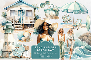 Sand & Sea Beach Day Clipart, an Illustration by NadiaTheronArt