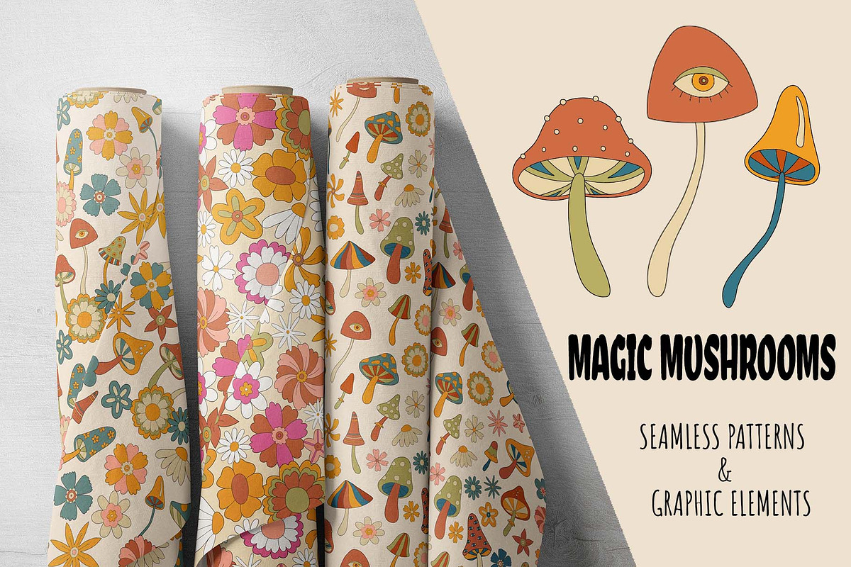Magic Mushrooms Retro Vector Clipart, a Pattern Graphic by Irina Ostapenko (Photo 1 of 8)