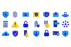 Set of blue 3d security icons show, an Object Illustration by Woters little shop