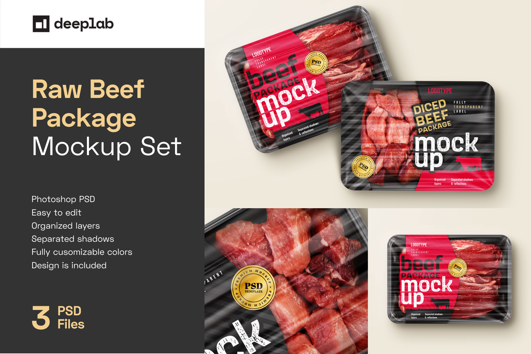 Raw Beef Package Mockup Set, a Packaging Mockup by Deeplab