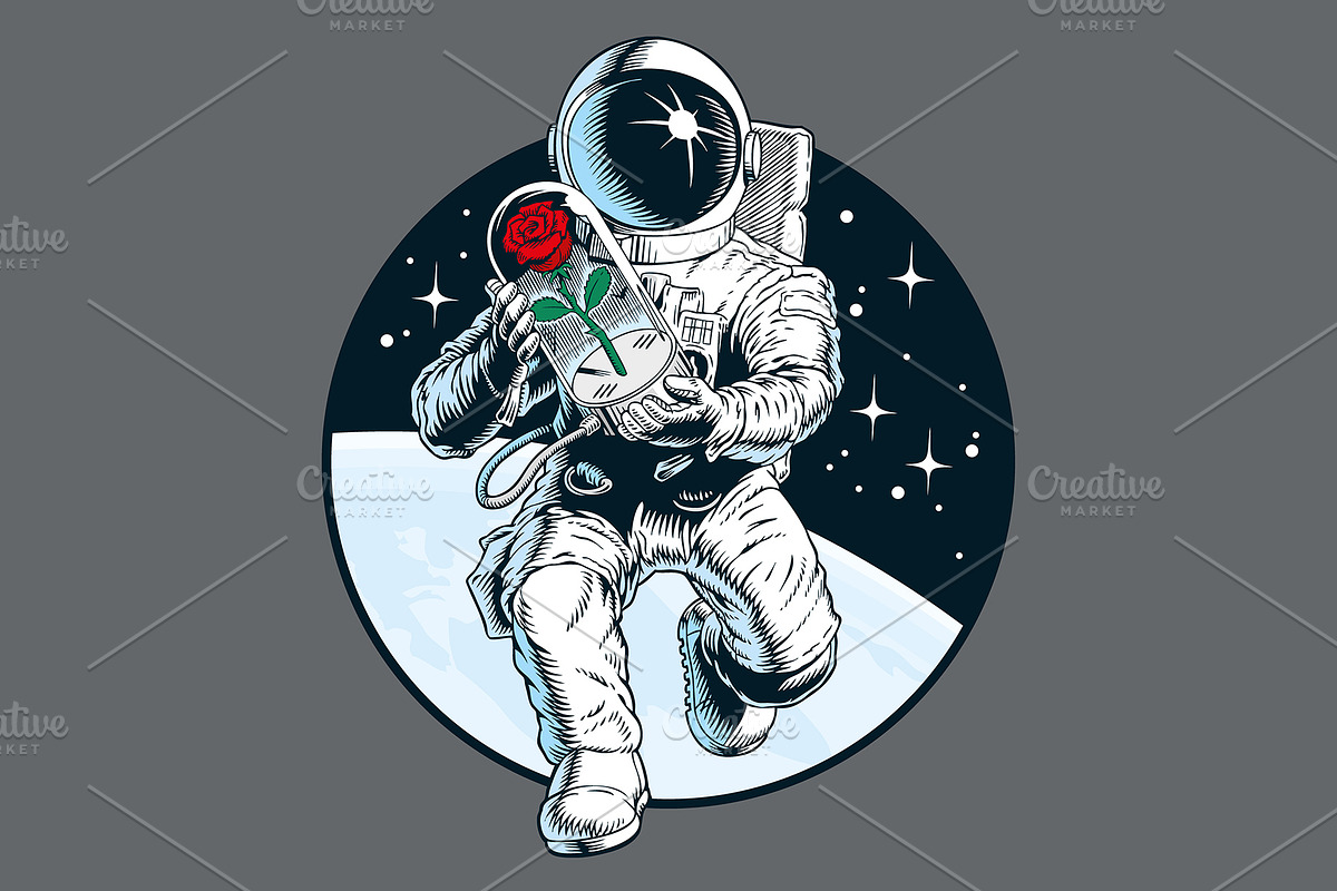 Astronaut holding a red rose, a Technology Illustration by Ledokolua