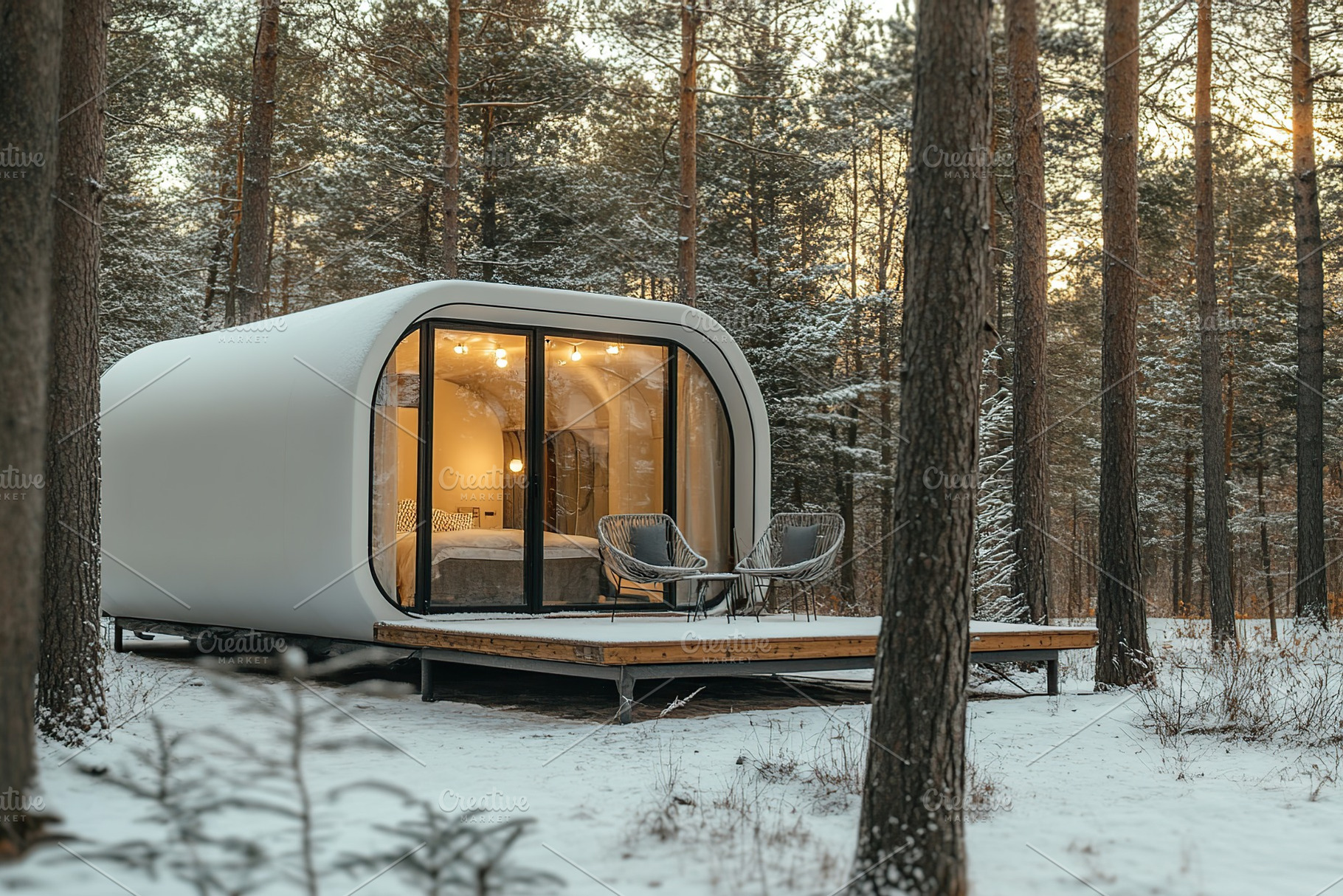 Modern house in winter pine forest, an Architecture Photo by AlyaAnd