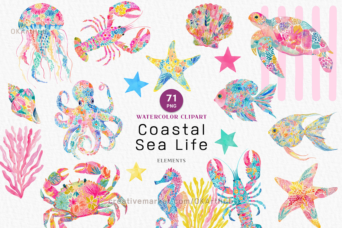Preppy Coastal Sea Life Clipart, a Decorative Illustration by OKArtHub (Photo 1 of 8)