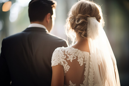 Groom and bride outdoors. closeup of a married couple back view, a Person Photo by Natalia Klenova's Shop