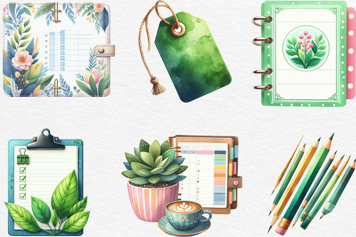 Watercolor Green Planner Clipart, an Illustration by Black Bird Studio (Photo 4 of 6)