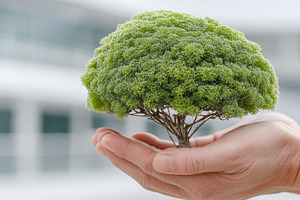 Small green bonsai tree held gently in hands symbolizing eco friendly care and, an Illustration by AS photostudio