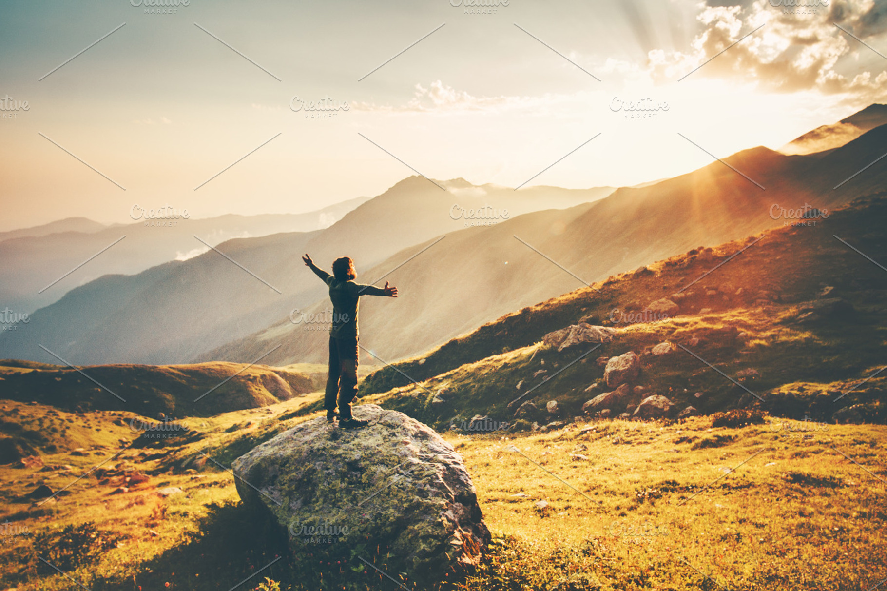 Man raised hands at sunset mountains featuring man, travel, and mountains, a Nature Photo by e v e r s t