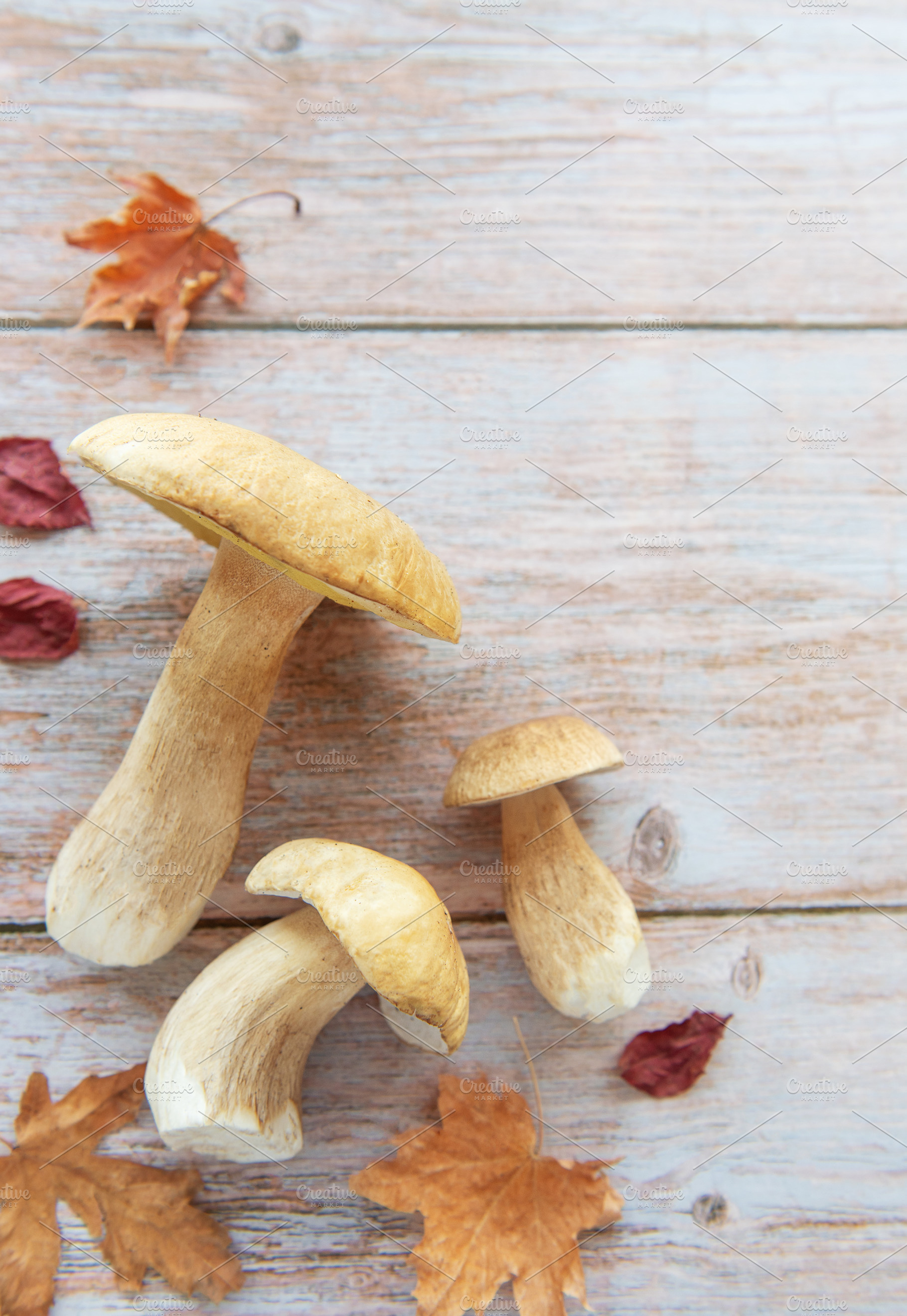 Fresh mushrooms lying on wooden table with autumn leaves, a Food & Drink Photo by Olena Rudo