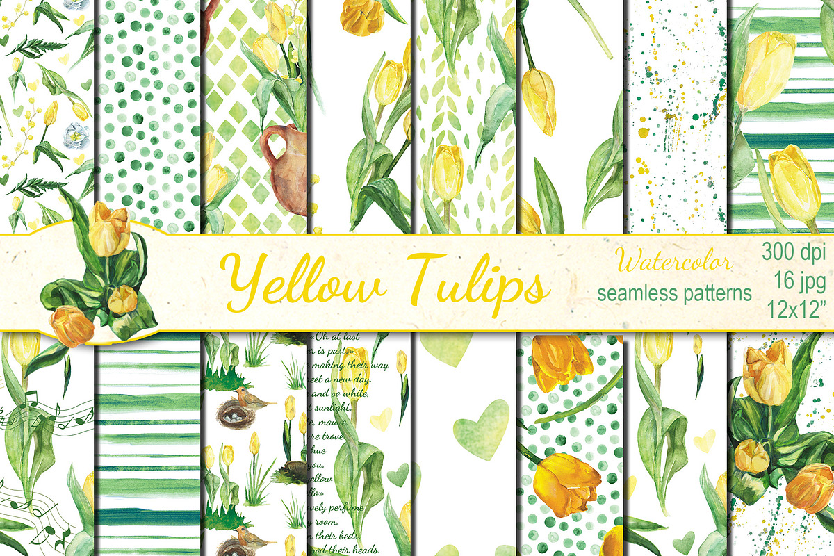 Watercolor Yellow tulips patterns, a Pattern Graphic by DollyPotterson (Photo 1 of 6)