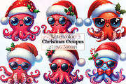 Watercolor Christmas Octopus Clipart, a Work Illustration by CraftArtStudio (Thumbnail 1 of 6)