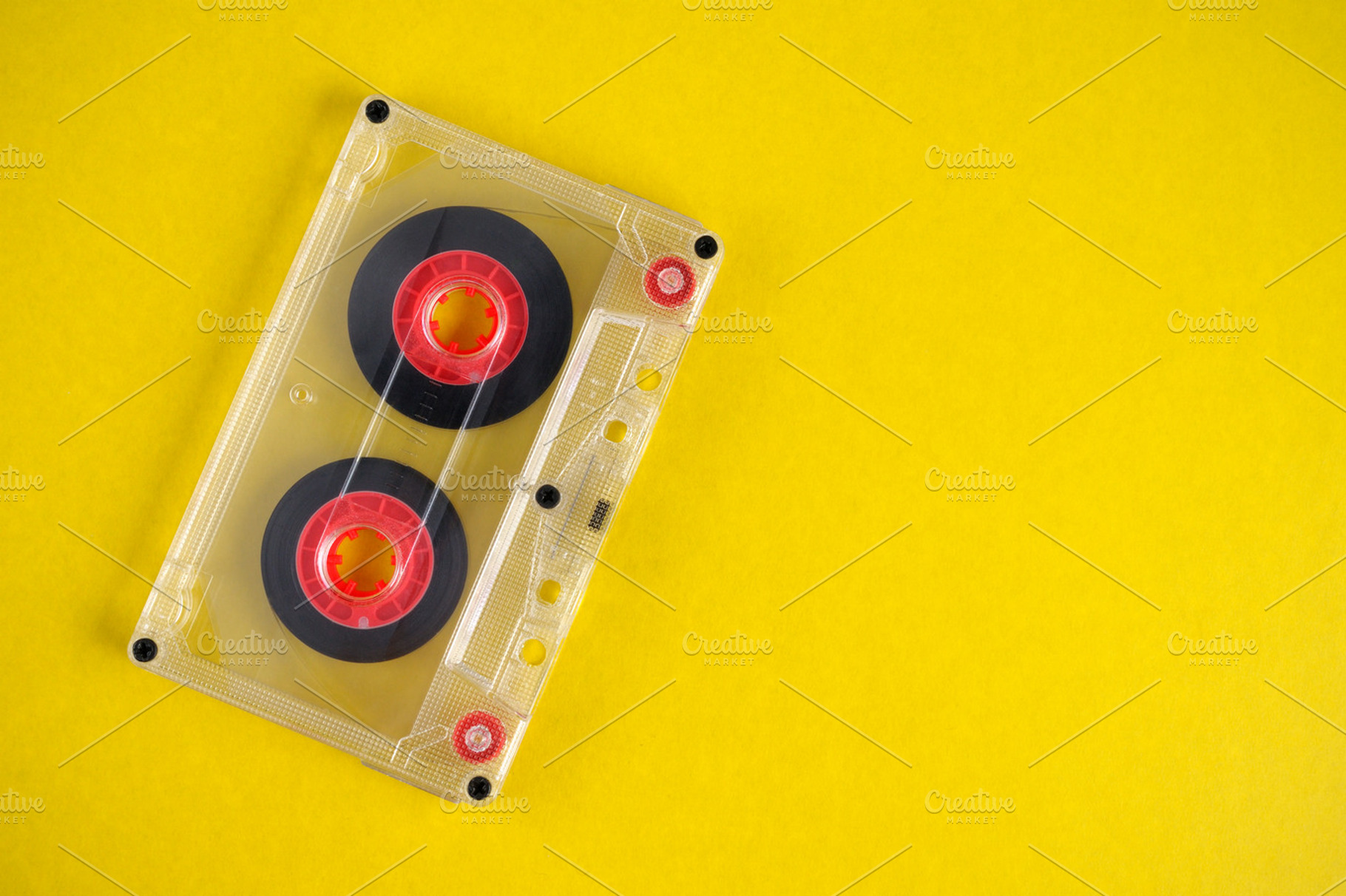 Old audio cassette containing audio, cassette, and equipment