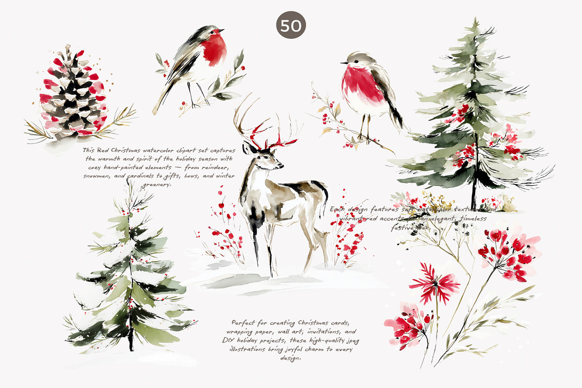 Festive red Christmas watercolor set, a Decorative Illustration by Patishop Art (Photo 3 of 9)