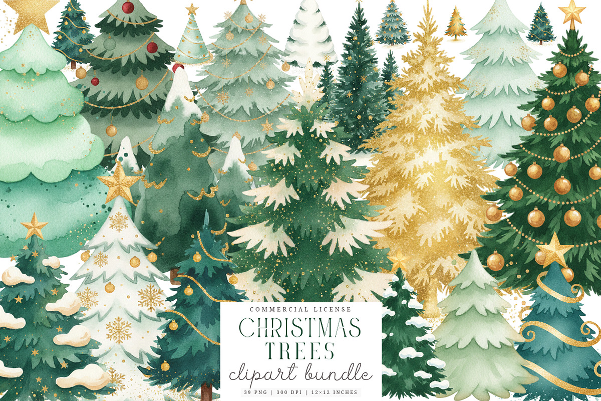 Watercolor Christmas Trees Clipart, an Illustration by SinaCreation (Photo 1 of 7)