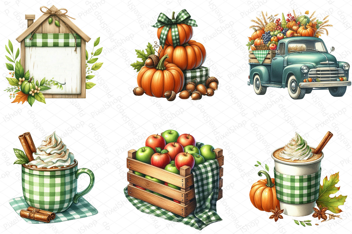 Green Gingham Autumn Clipart, an Illustration by DreamPrint404 (Photo 6 of 6)