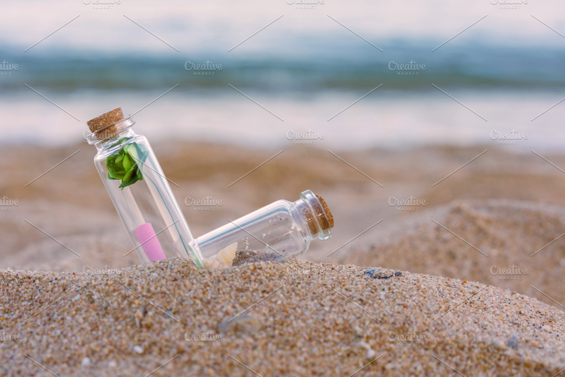 Message or letter in bottle on the tropical beach, a Nature Photo by Casanowe-studio