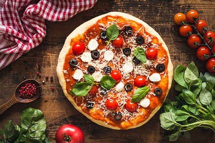 Italian pizza on wooden table featuring pizza, italian, and cheese, a Food & Drink Photo by The baking man