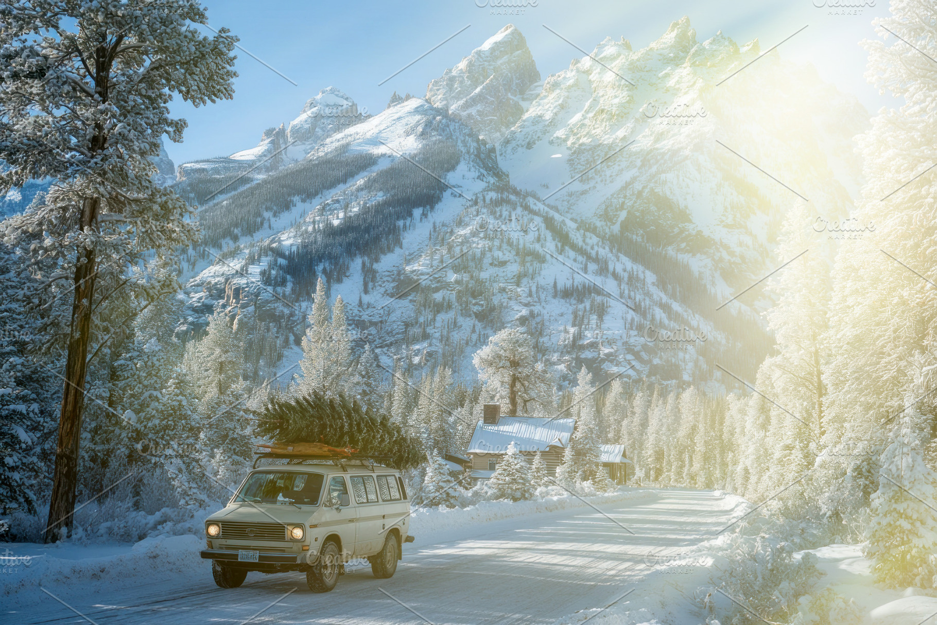 Vintage van carrying Christmas tree driving through snowy forest, a Holiday Photo by José Manuel Gelpi