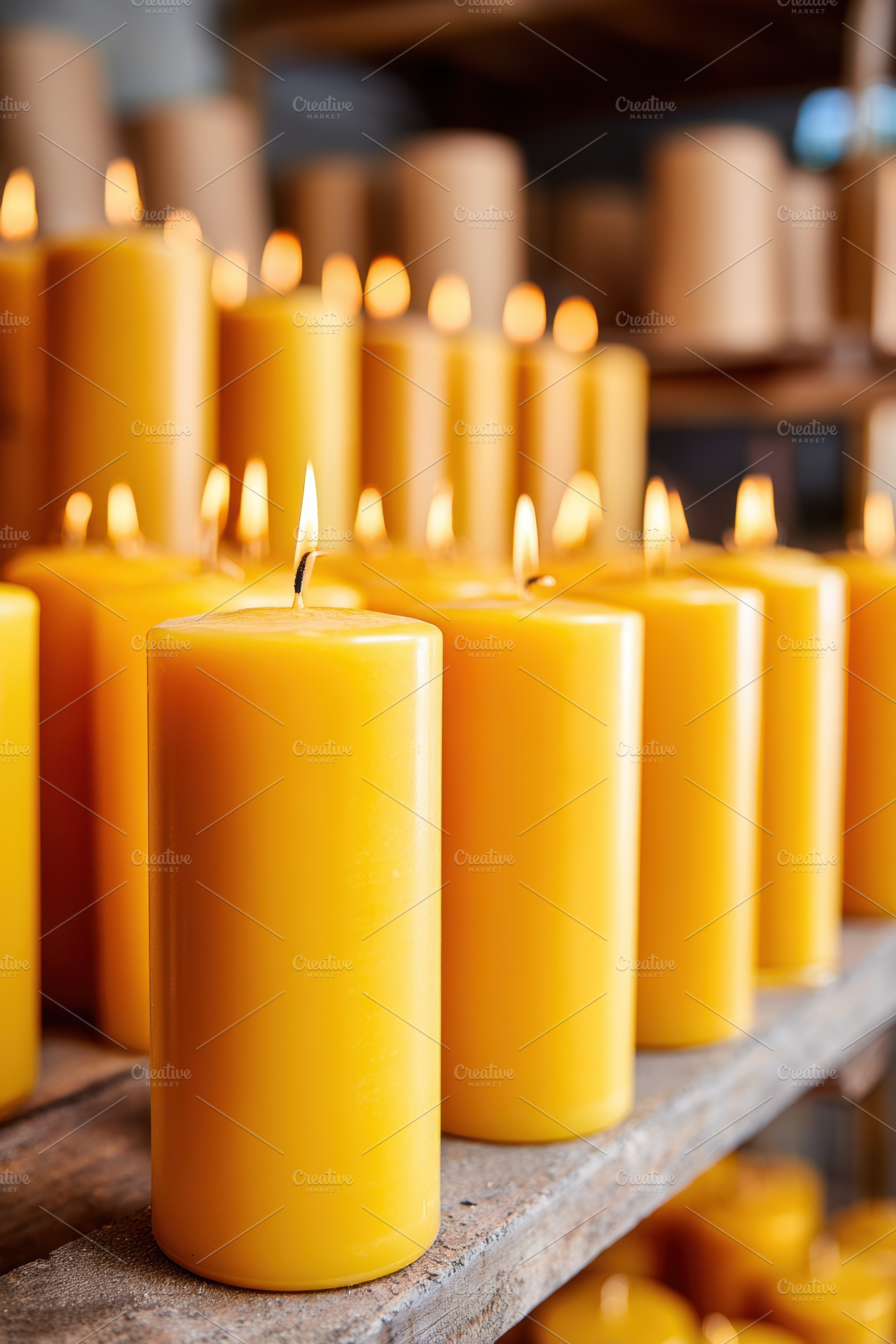 Collection of yellow candles on wooden shelf, a Beauty & Fashion Photo by AlyaAnd
