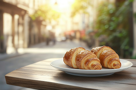 Freshly baked croissants on a white ceramic plate in a sunny outdoor cafe setti, a Food & Drink Photo by AlyaAnd