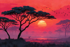 African savanna sunset with acacia trees and wildlife in silhoue, a Nature Photo by José Manuel Gelpi
