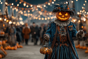 Pumpkin-headed figure in elaborate vintage costume holding glowi, a Holiday Photo by José Manuel Gelpi