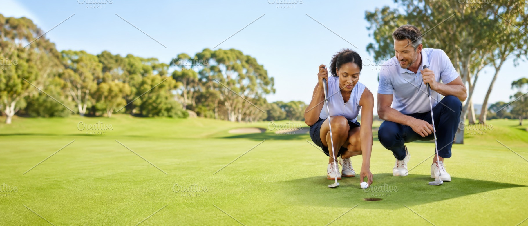 Golfing teammates focused on putting, a Photo by Dvoevnore photos