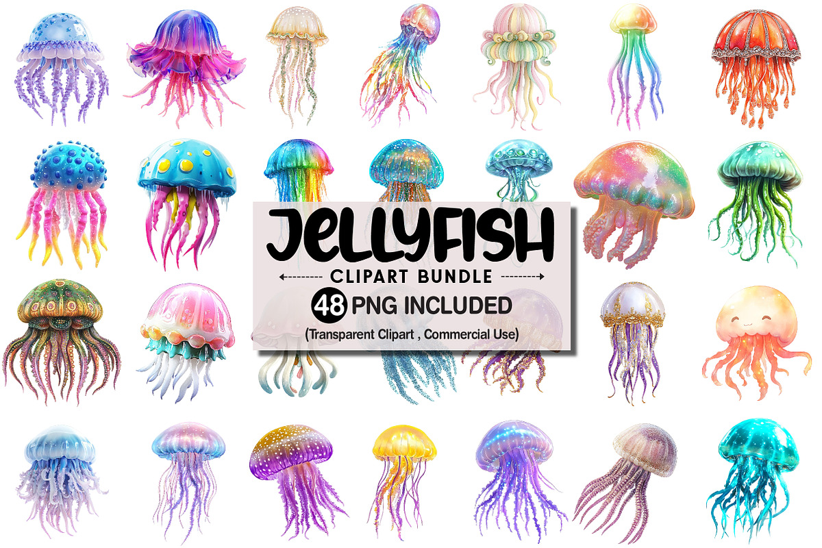 Watercolor Jellyfish Clipart Bundle, an Illustration by Pixels.Craft (Photo 1 of 6)