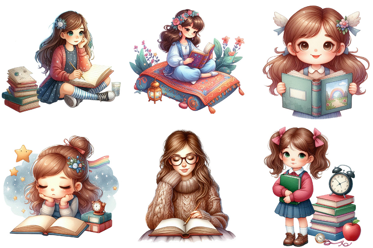 Cute Little Girl Reading Clipart, an Illustration by Pixels.Craft (Photo 7 of 10)
