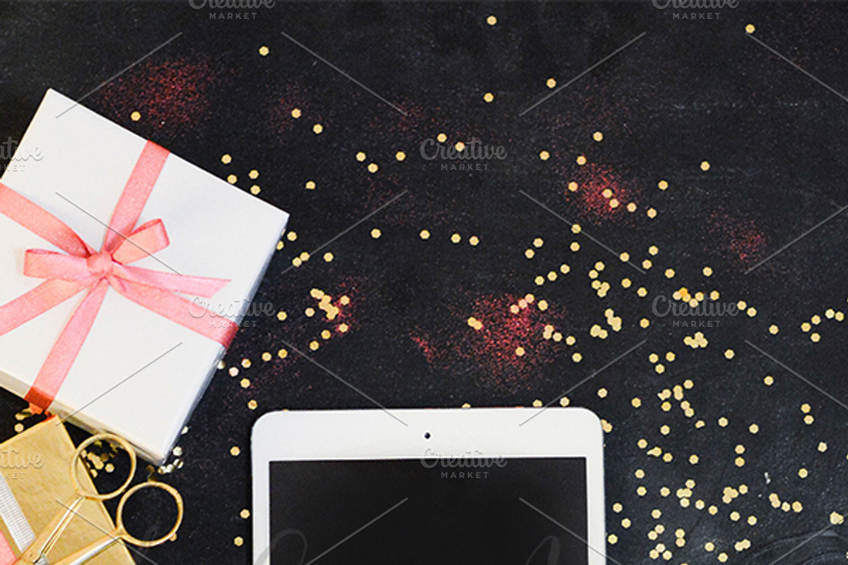 Vertical Gifts and Ipad on Chalkboar, an iPad Mockup by The Ginger Snaps Co