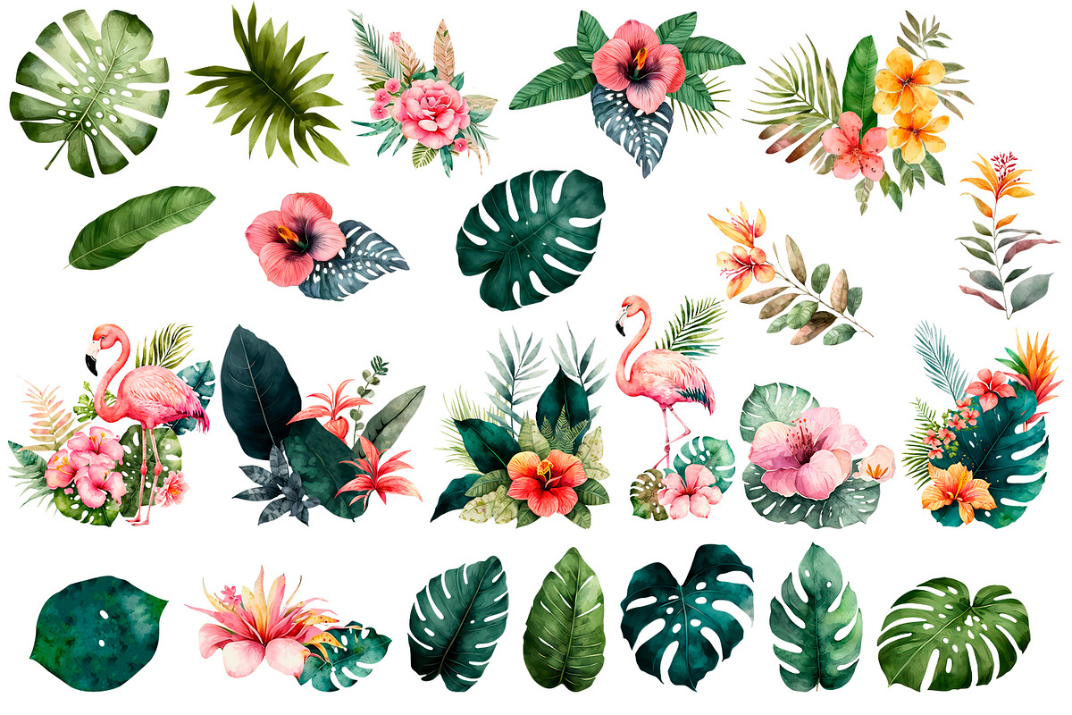 Tropical flowers clipart & Flamingo., a Decorative Illustration by ElenazlataArt (Photo 2 of 5)