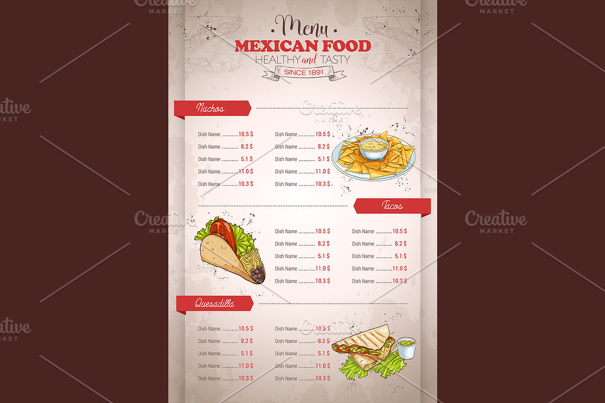 vertical color mexican food menu, a Food Illustration by Netkoff
