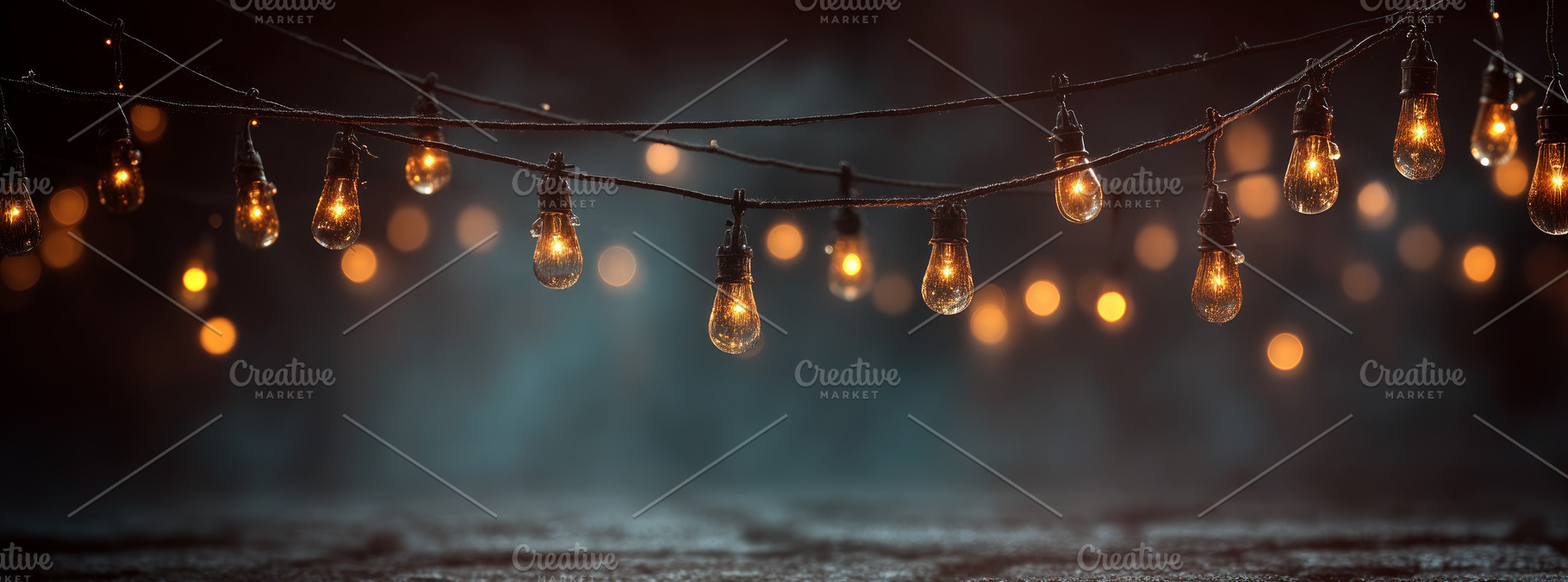 Hanging string lights glowing in dark moody ambiance with bokeh, a Holiday Photo by José Manuel Gelpi